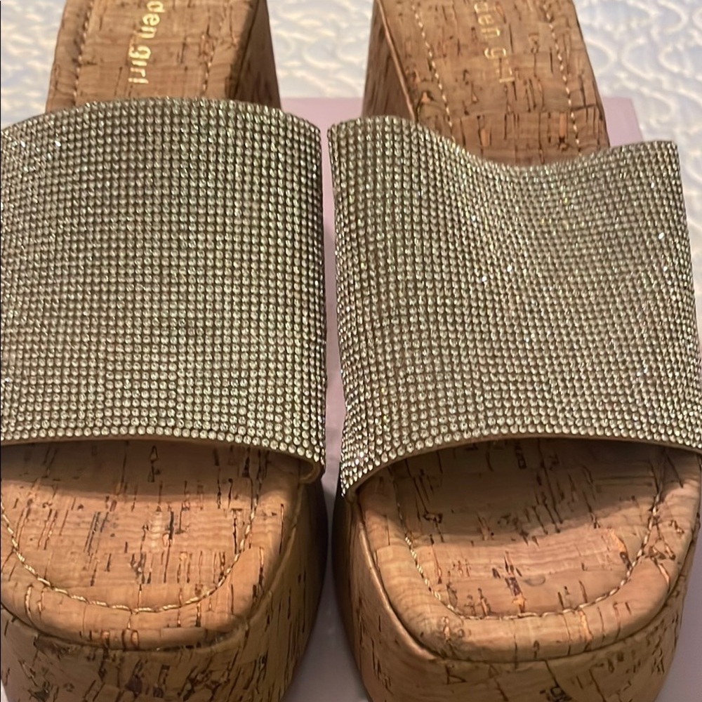 Gold and Brown Platform Shoes with Rhinestone Strap